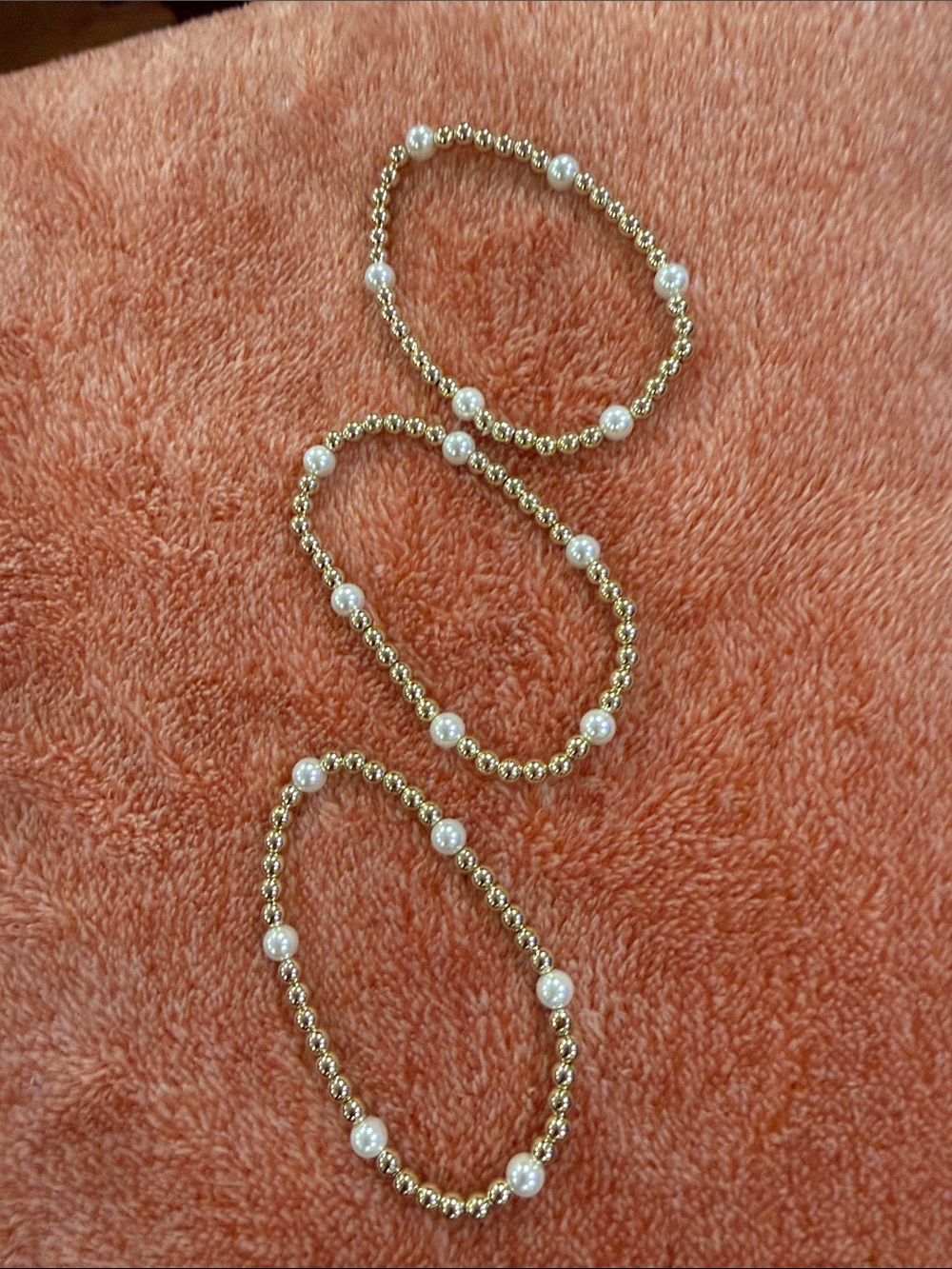 Gold Bead and White Pearl Stretch Bracelet Set - Women's Bracelet Trio
